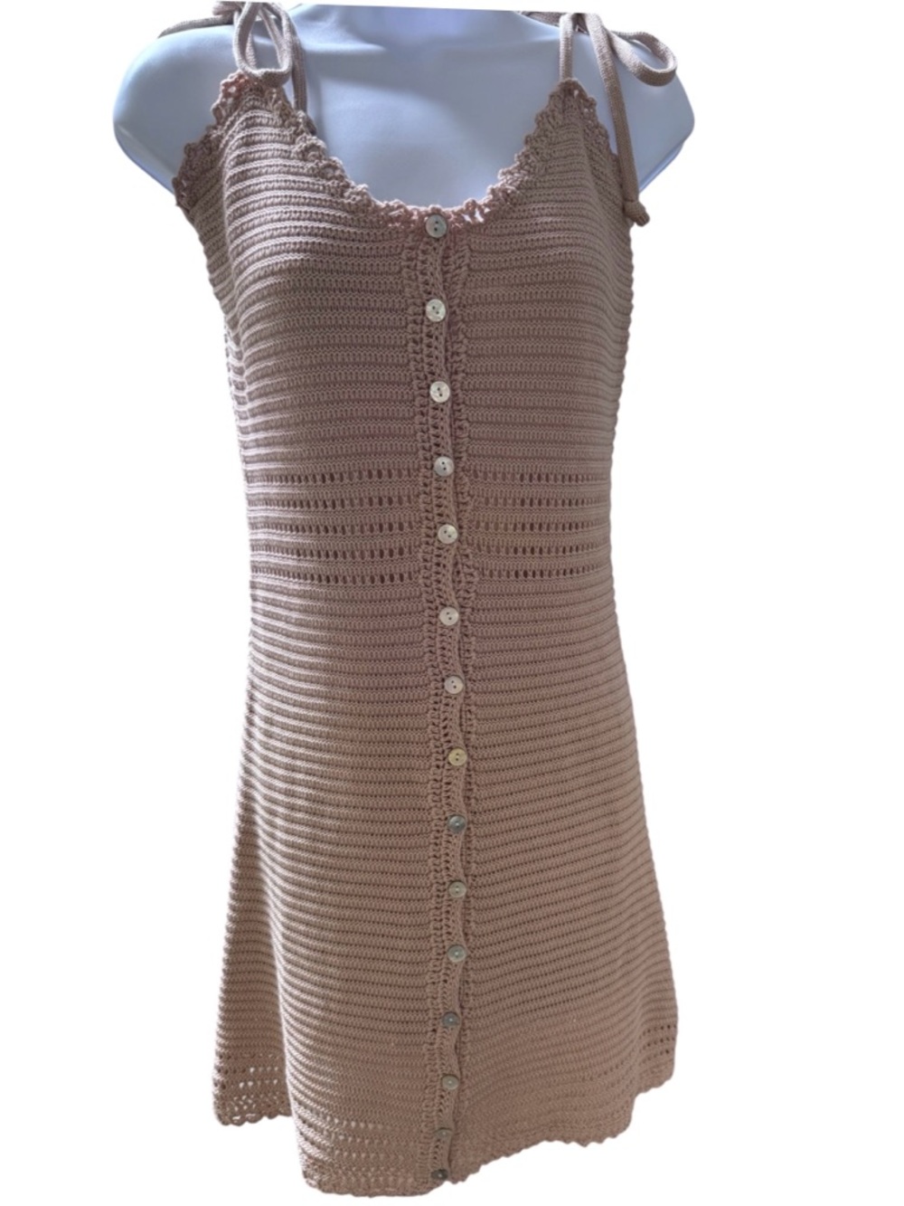 Olive + Oak Taupe Crochet Button Front Mini Dress Tie Straps Lined Size-M